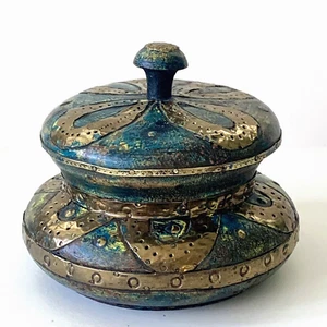 Turned Wood Box Round With Lid Teal Brass Detail Hand Crafted Vintage Boho - Picture 1 of 16