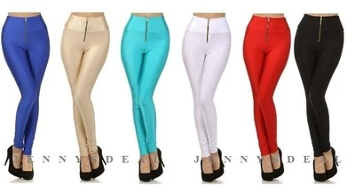 NUEVO TALLE ALTO CREMALLERA BRILLANTE METÁLICO RECUBIERTO DE CARAMELO LEGGINGS PANTALONES AJUSTADOS S M L Foto 1 de 2