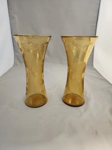 BOHEMIAN ART NOUVEAU AMBER ART GLASS VASE SET CHRYSANTHEMUM AND BUTTERFLY - Picture 1 of 4