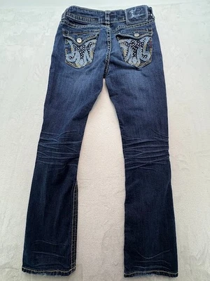 Pantalones de mezclilla para mujer MEK Clayton con solapa bolsillo lavado oscuro tiro bajo bota ajustada talla 28/32 Foto 1 de 4