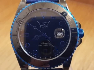 Reloj Hombre Negro Cerámica Edición Limitada LTD Cuero Azul Estilo Buzo Fecha - Imagen 1 de 9