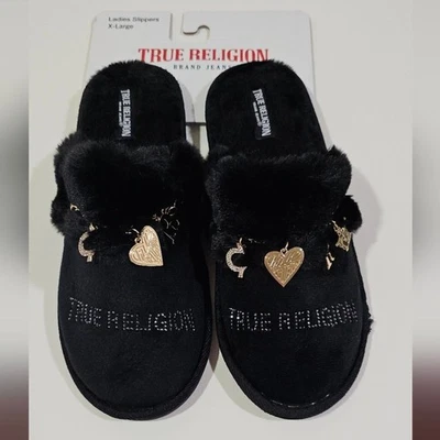 Zapatillas True Religion negras peludas con dijes dorados XL 9,5 10,5 regalo para ella Foto 1 de 4