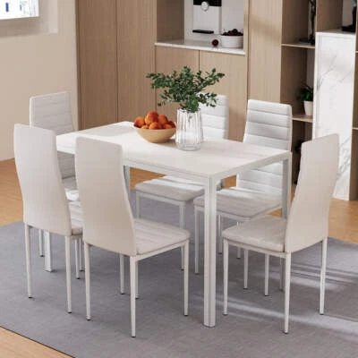 NNEDSZ Artiss Dining Chairs and Table Dining Set 6 Chair Set Of 7 White - Image 1 of 4