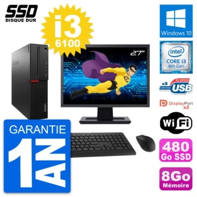 PC LENOVO M800 SFF Pantalla 27" Intel i3-6100 RAM 8Go SSD 480Go Windows 10 Wifi - Imagen 1 de 4