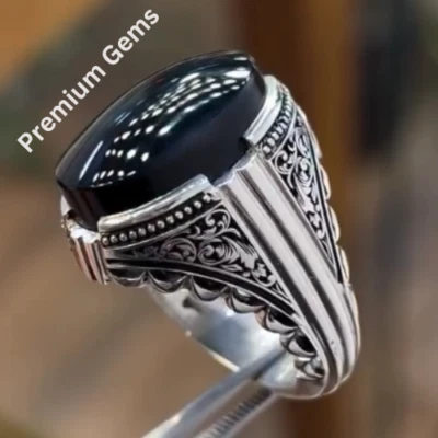 Original Black Yameni Aqeeq/Akeek Ring Agate Ring, Beautiful Handmade Unique - Image 1 of 4