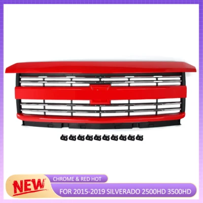 For 2015-2019 Silverado 2500 HD 3500 HD Red Hot Front Bumper Grille Chrome Bars Foto 1 de 4