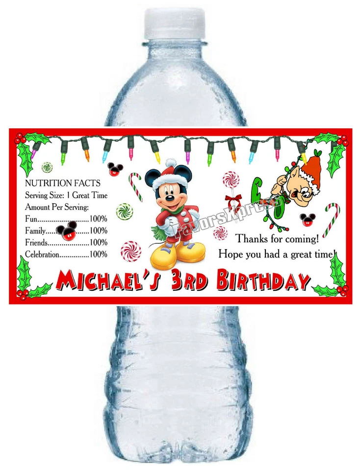 20 FAVORES DE FIESTA DE CUMPLEAÑOS DE NAVIDAD MICKEY MOUSE ~ ETIQUETAS DE BOTELLAS DE AGUA Foto 1 de 1