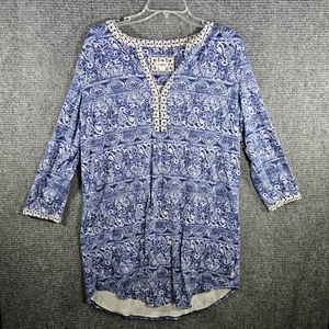 Lucky Brand Woman's Boho Top Blue White 3/4 Sleeves V-Neck Size Large - Picture 1 of 5