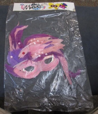 NIP OTC Mardi Gras Eye Mask - Pink & Purple Feathers, Red & Pink Accents - Adult - Image 1 of 4