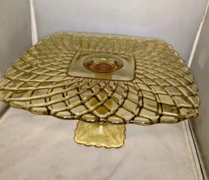 VTG LE Smith Trellis Square Yellow Amber Glass Pedestal Cake Stand 12" Antique - Picture 1 of 10