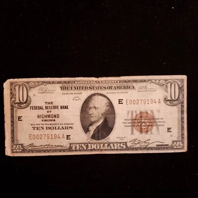 Fr #1860E $10.00 Note Richmond, VA. Creases, folds & stains. (CB-058) - Image 1 of 4