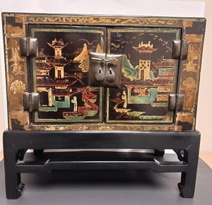 Beautiful Antique Black Laquered Chinese Chest On Stand w/ Gold Paited Pagodas - Picture 1 of 21