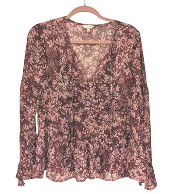 Blusa Top Lucky Brand Borgoña Floral Cuello en V Niveles Peplum Manga Campana S P Foto 1 de 4