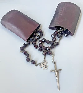 Antique Faceted Garnet Glass Beads & Metal Cross Rosary - Picture 1 of 7