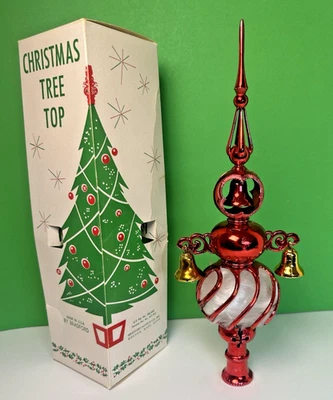 Vintage MCM Red Carillon Spire Tree Topper with Angel Hair & Bells + Orig. Box - Image 1 of 4