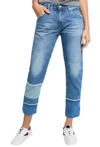 Anthropologie AG Ex-Boyfriend Jeans 25 Blue Slouchy Mid Rise Patchwork Cropped - Picture 1 of 17