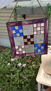 Antique Leaded Squares Multi Vintage Hanging Stained Glass Art 14” Geometric Mcm - Picture 1 of 2