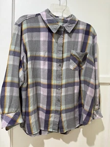 Ava & Viv 2X Lavender Gray Plaid long Sleeve Shirt Button Front  Rayon Flannel - Picture 1 of 3