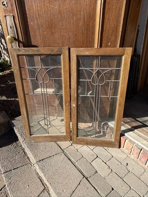 SG5144 Two Av price each antique leaded glass oak cabinet door 18 x 36 - Image 1 of 4