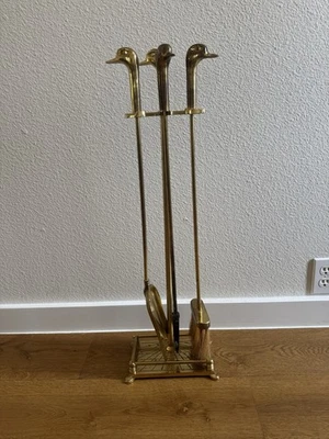 Juego de herramientas de chimenea ORVIS 1983 latón y cobre pato mallardo 4 piezas vintage Foto 1 de 4