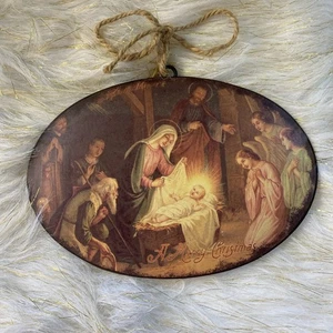 Vintage Style “Merry Christmas” Nativity Wall Hanging – Oval Shaped Lightweight - Picture 1 of 1