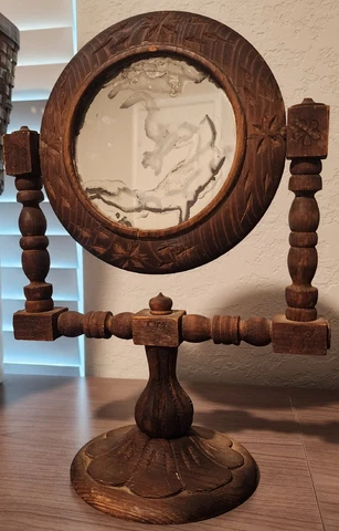 Vintage Wood Vanity Mirror Carved Swivel Round Gothic Witch Style Cover