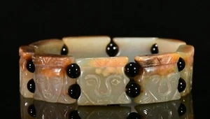 4,3 '' Alte chinesische Dynastie Hetian Jade geschnitzte Menschen Gesicht Armband Armbänder - Bild 1 von 7