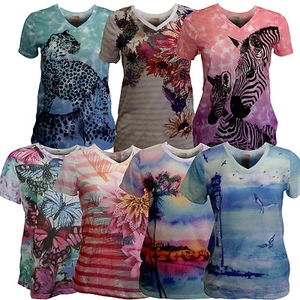 Women's COLORFUL Graphic T-Shirt SOFT Light Fabric Sublimation Short Sleeve - Picture 1 of 29