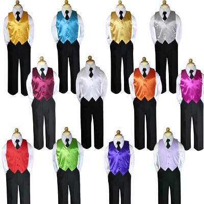 Hermosala Teens Boy 4pc set Formal Black Pants Long Tie Color Vest Outfit S-20 - Image 1 of 2