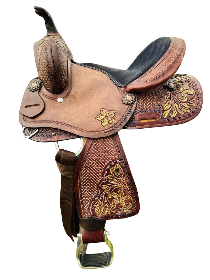 Sillín Western Youth-Kids Barril Caballo Floral Tooled Calidad Premium 10 11 12 13 Foto 1 de 1