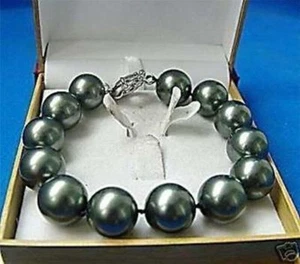 Huge 12mm Black South Sea Shell Pearl Round Beads Bracelet 7.5'' PB38 - Picture 1 of 6