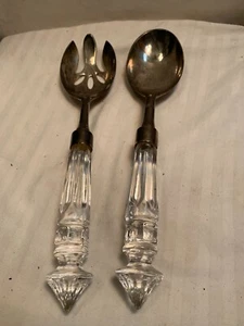 Silver Plate Spoon And Fork Molded Glass Handle Salad Serving Set Server - Picture 1 of 7