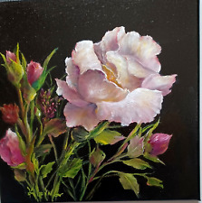 ROSE BLANCHE BLUSHING neuve originale florale 12x12 peinture à l'huile par l'artiste Klein