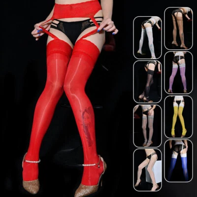 Meias de liga brilhantes brilhantes femininas de renda cintura alta cinto suspensório lingerie - Imagem 1 de 4