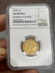 1878 Three Dollar Indian Gold Coin $3 - Certified NGC AU Details - Rare Coin! - Picture 1 of 9