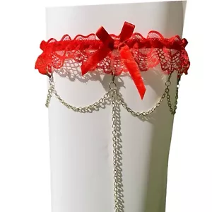 Red Lace Thigh Garter Belt Leg Lingerie Wife Gift W/ Silver Chain & Key Charm - Picture 1 of 7