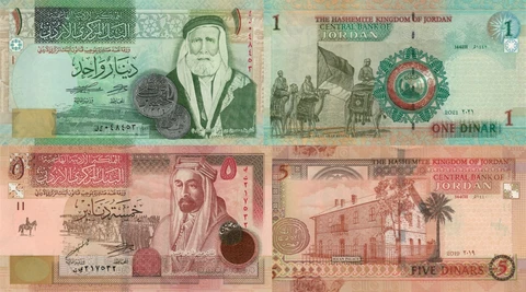 Jordan 2 PCS Set: 1 Dinar (2021) and 5 Dinar (2018), p-34, p-35 UNC Cover