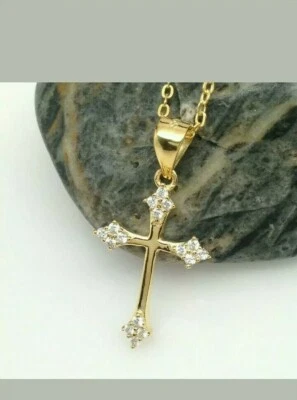 Pendentif Croix En Diamant Simulé Taillé Rond De 0,25 Ct En Or Jaune Plaqué 14k - Photo 1/4