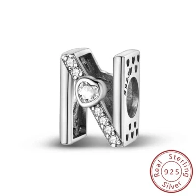 MULA Women 925 Sterling Silver Charm Heart AAA CZ 26 Letters Beads fit Bracelet - Image 1 of 4