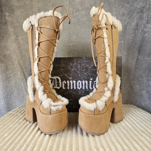 DEMONIA CAMEL-311 Faux Fur 5" Chunky Heel Platform Camel Tan Womens Knee Boots - Picture 1 of 8