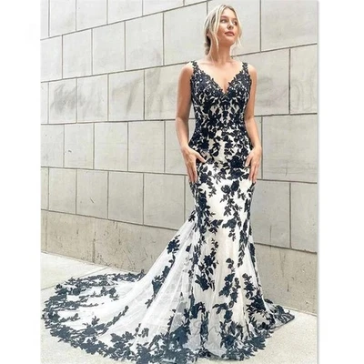Black White Mermaid Wedding Dresses V-Neck Lace Appliques Gothic Bridal Gowns - Image 1 of 4