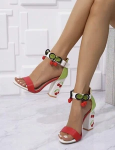 White Cherry Embroidered Women's High Heeled Sandals With Ankle Strap And Buckle - Picture 1 of 7