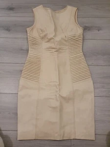 Warehouse Beige Genuine Real Leather Pleated Dress Size 10 Fully Lined - Picture 1 of 21