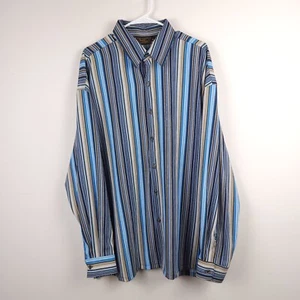 Monzini Shirt Men's XL Blue Brown Striped Button Up Collection Poly Vintage VTG - Picture 1 of 10