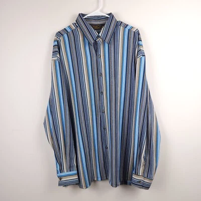 Monzini Shirt Men's XL Blue Brown Striped Button Up Collection Poly Vintage VTG - Image 1 of 4