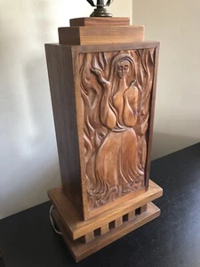Vintage Mid Century Modern Carved Wood Impressionist Woman Man Art Lamp AWESOME - Picture 1 of 11