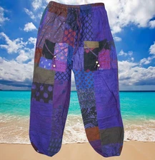Women Patchwork Pant, funky Hippy Purple Printed Soft Cotton Trouser Pants S/M/L