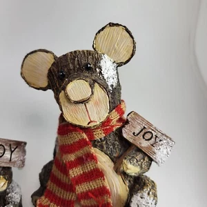 2 Rustic Tree Stump Reindeer Bear Christmas Noel Sitting Figurine Striped Scarf - Picture 1 of 8