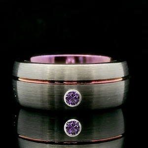 Gun Metal and Purple Tungsten Ring featuring  Amethyst Stone, Unisex, 8mm - Picture 1 of 2