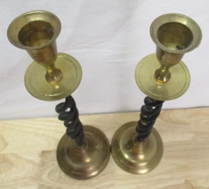 Messing & schwarz Schmiedeeisen Kerzenständer Halter 13" hoch x 3-3/4" Basis Indien - Bild 1 von 5